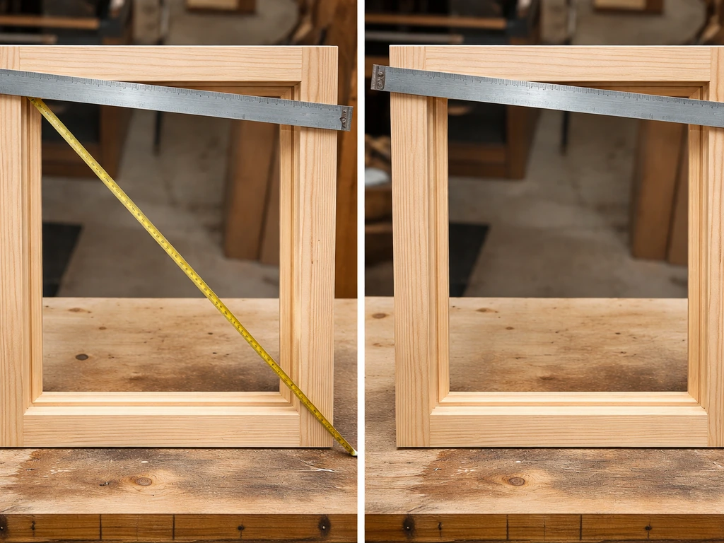 Close-up of a square vs out-of-square window frame with a straightedge and measuring tape