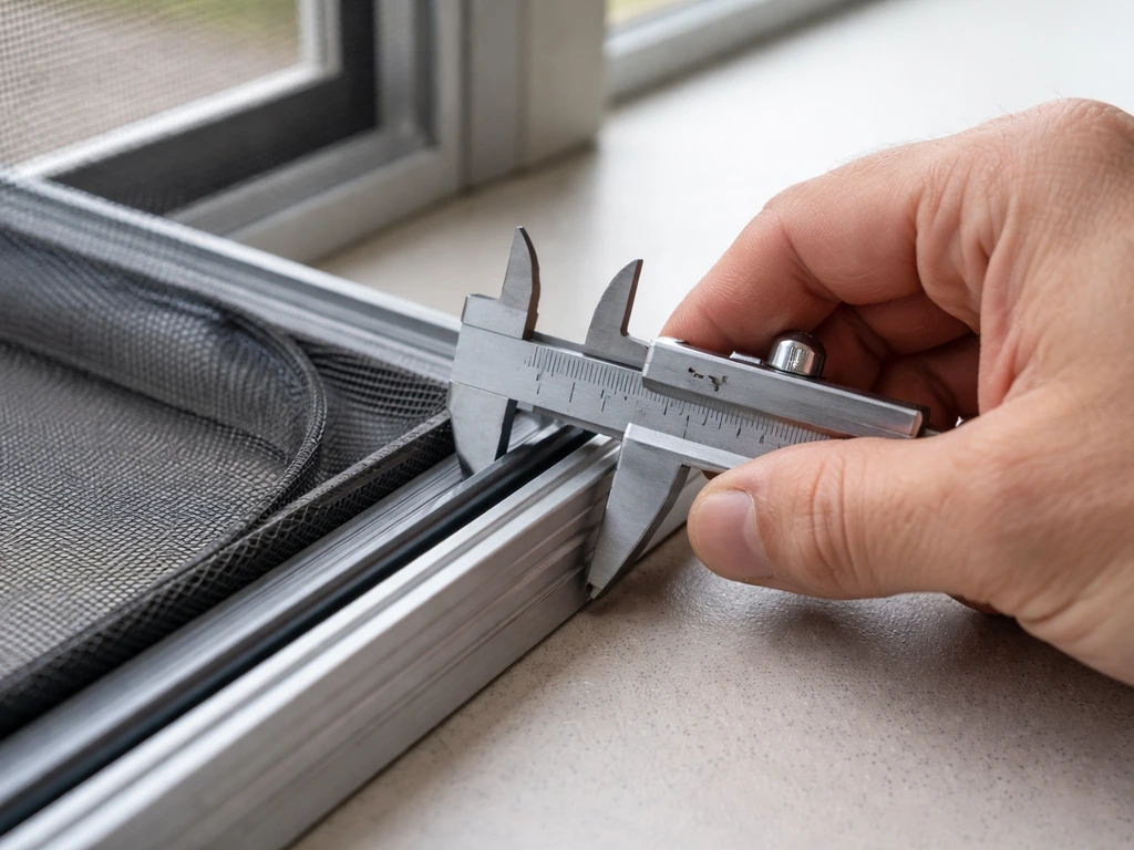Hand uses calipers to measure spline groove thickness on a sliding screen door frame.