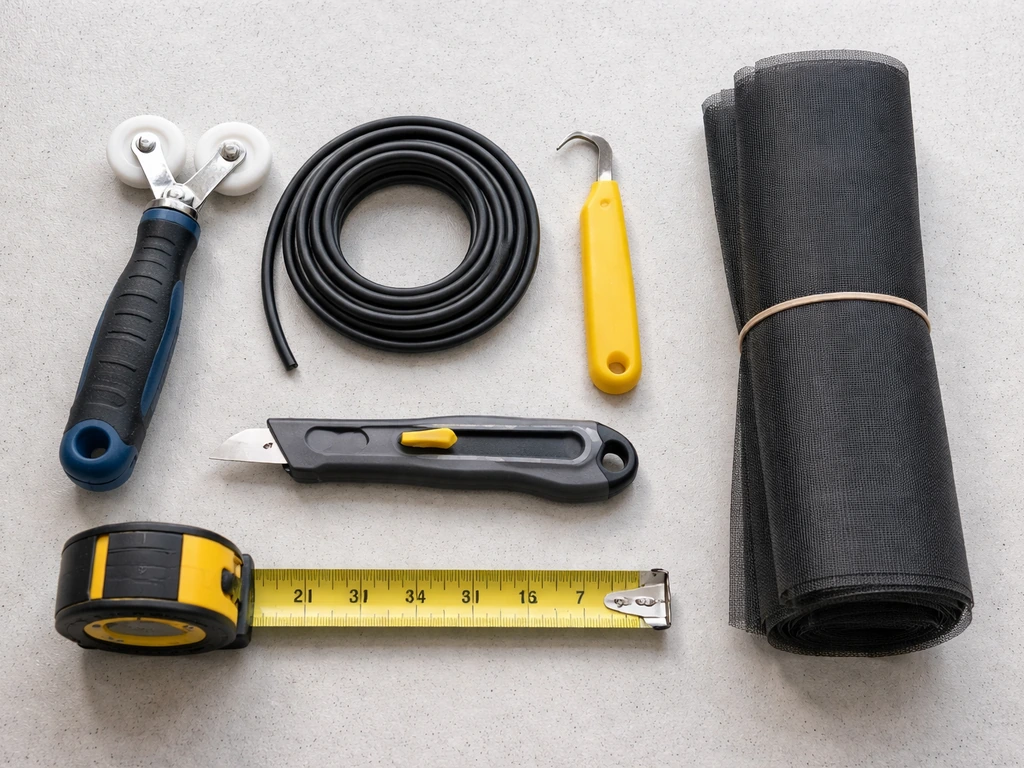 Flat-lay of patio screen replacement tools: spline roller, spline, utility knife, measuring tape, and mesh.