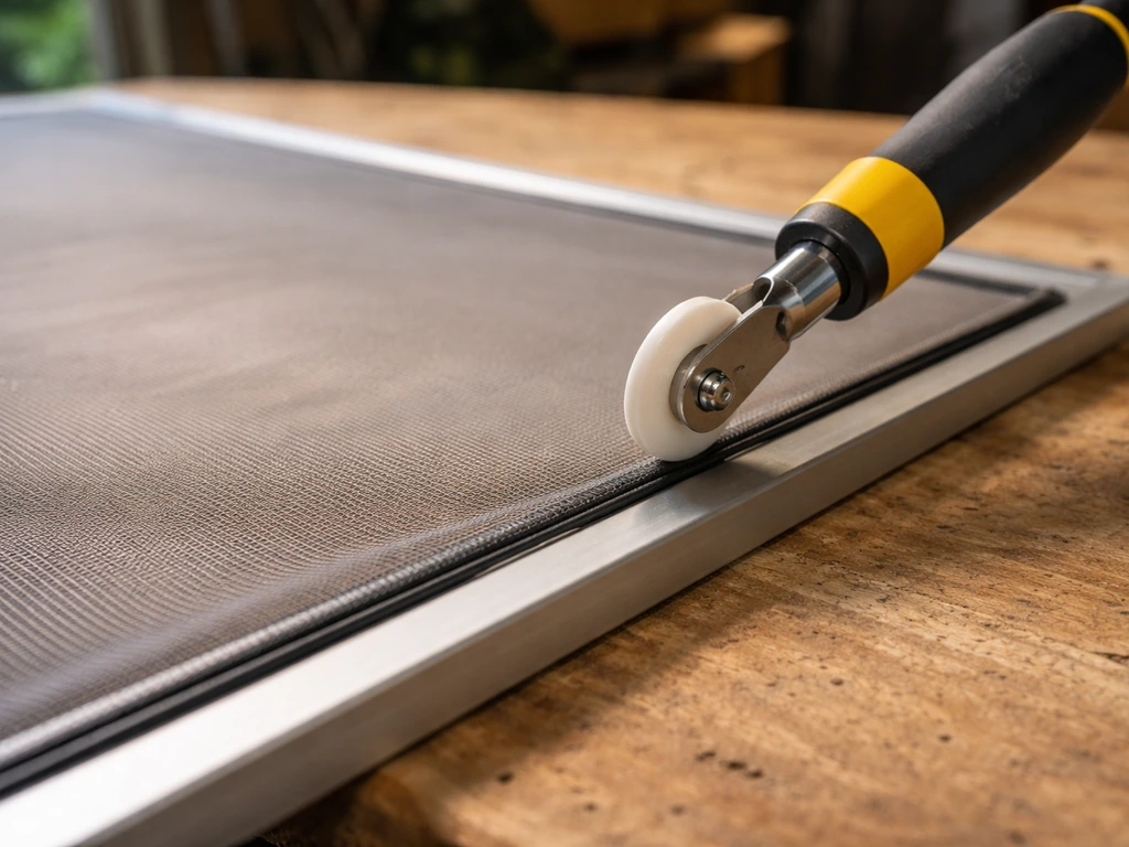 Close-up of tight screen mesh laid on a frame as a roller presses the spline into place