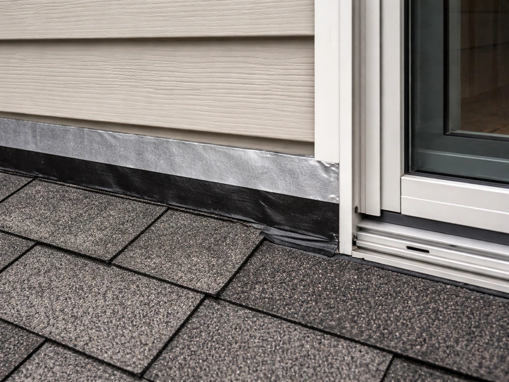 Close-up of house-wall flashing and shingle-style layering sealing a weatherproof enclosure junction.