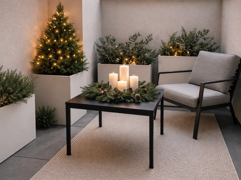 Small modern Christmas patio with minimalist white-and-green decor and clean winter greenery on a compact table.