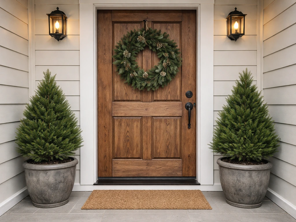 Centered front door with a wreath and two matching potted evergreens flanking the threshold.