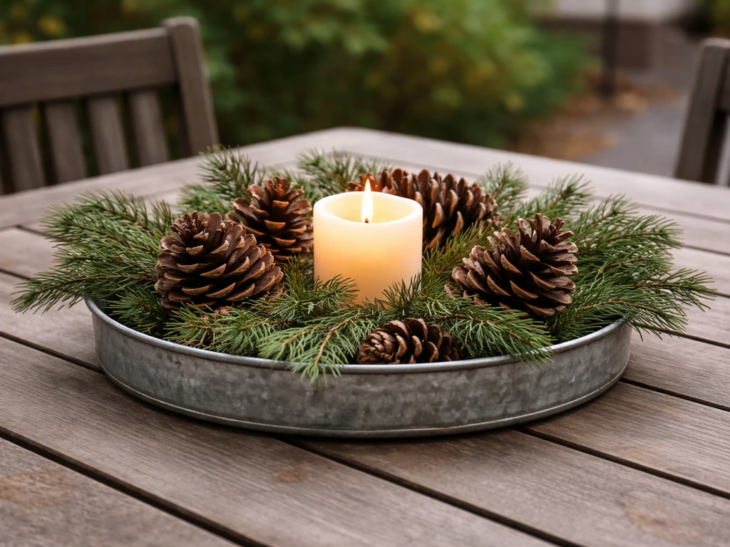 Patio dining table centerpiece in a galvanized tray with pinecones, fresh greenery, and a battery LED candle.