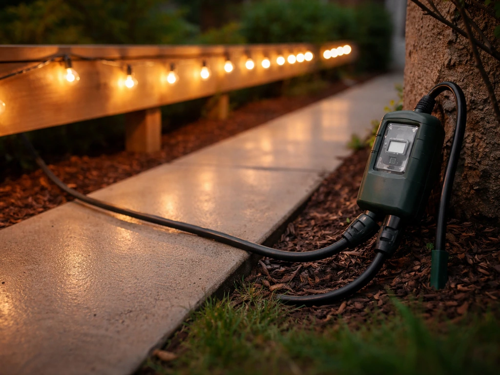 Patio string lights with outdoor-rated extension cord and weatherproof timer box, safely routed on a clean walkway.