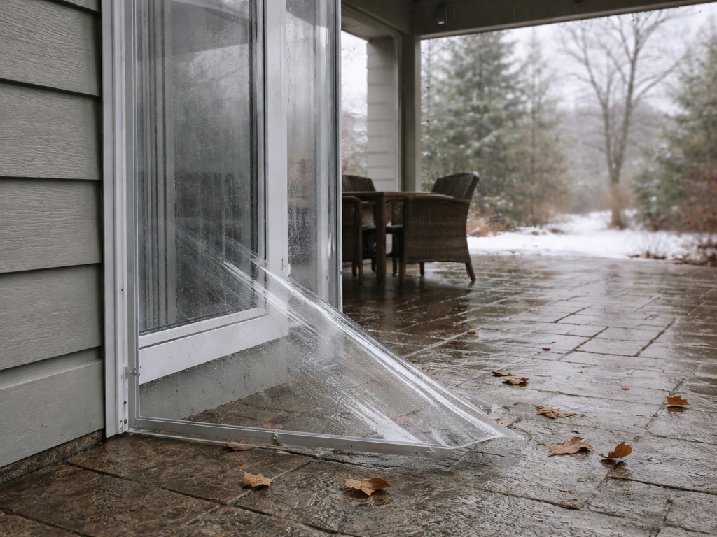Winter patio scene showing an outdoor rain panel near a window with wet exposed area versus calmer protected edge.