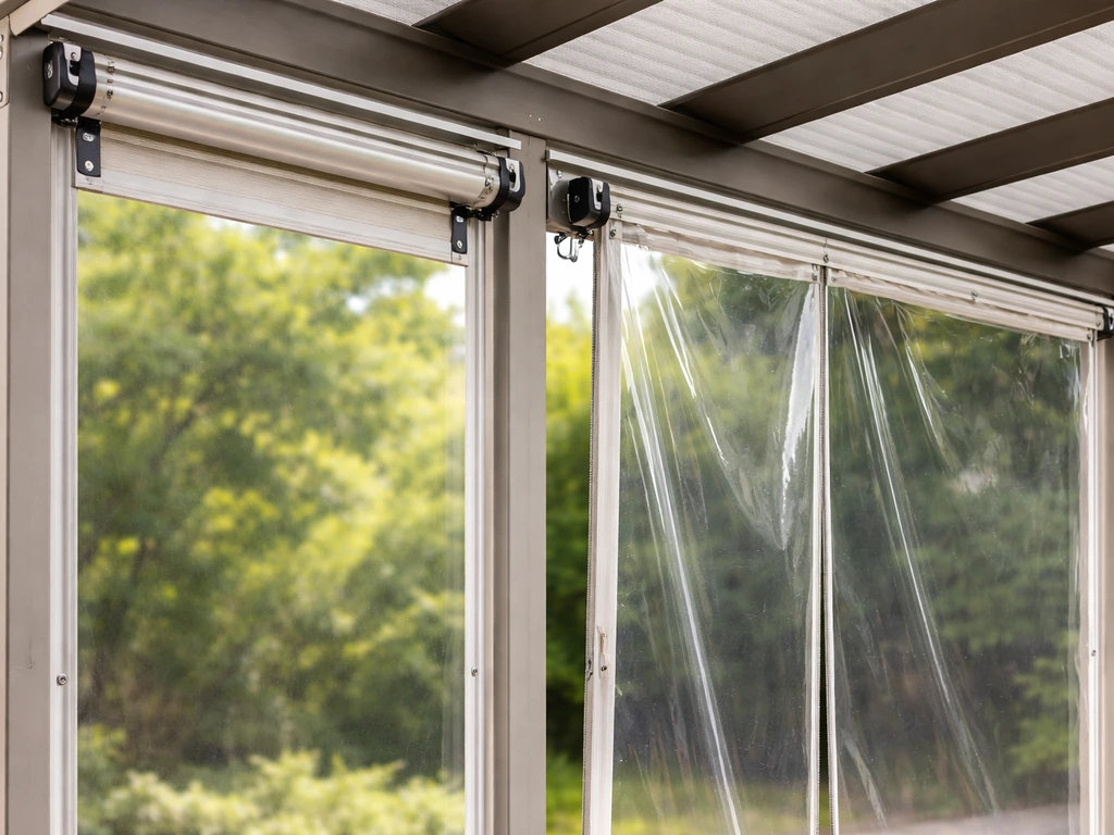 Clear vinyl film panels mounted on a pergola track system, showing roll-up and zip-out style.