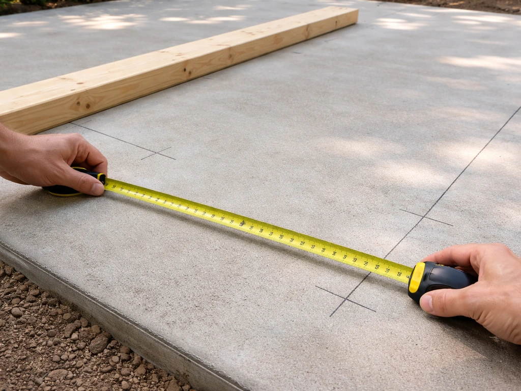 Tape measure stretched across a patio opening perimeter with corner marks on concrete for a frame layout
