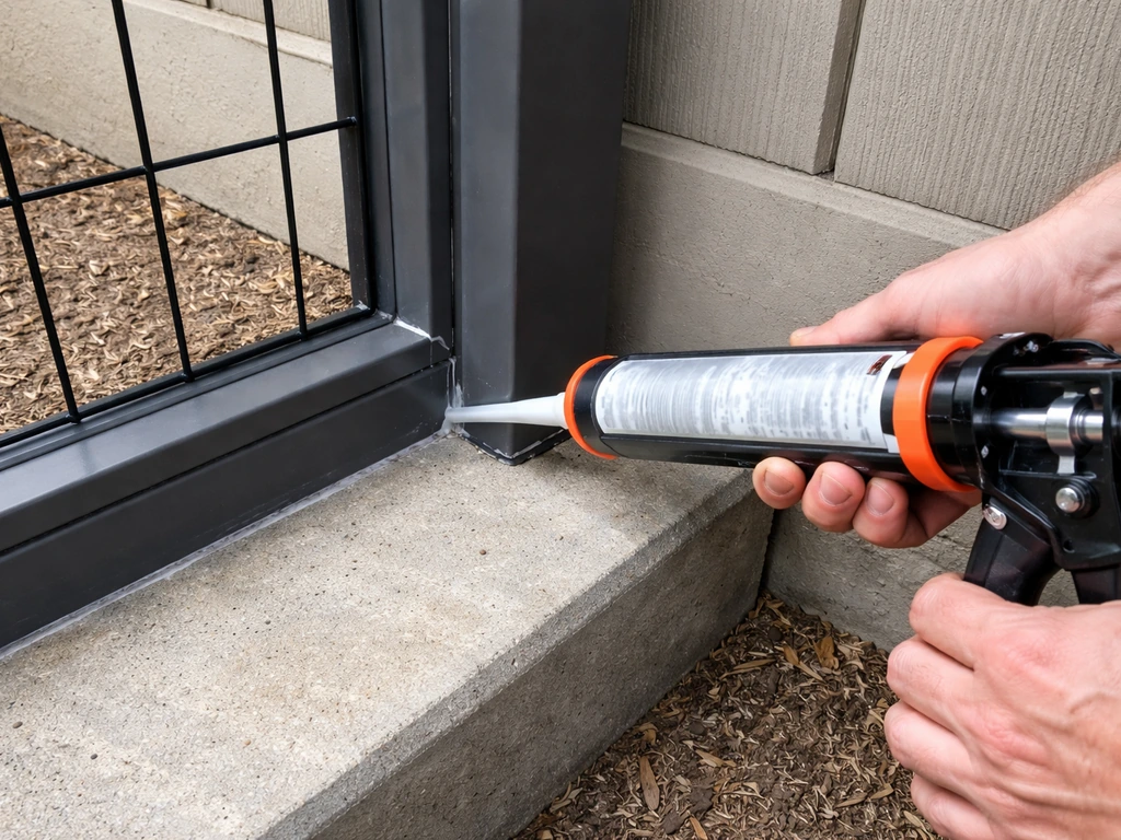 Close-up of a caulk gun applying a neat silicone bead where enclosure panels meet posts and slab.