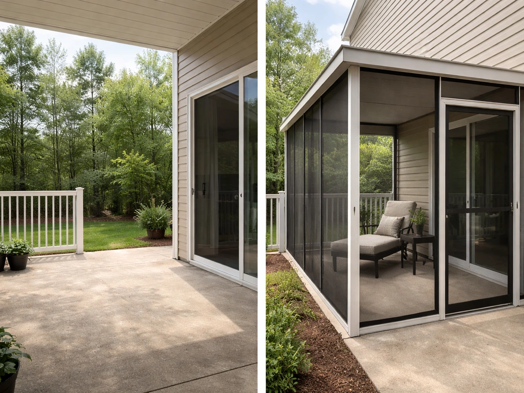 Side-by-side view of an open patio versus a DIY screened enclosure creating a sheltered outdoor room.