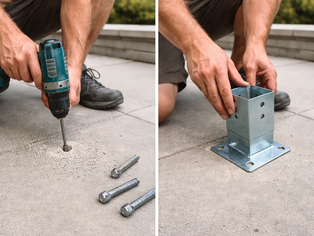 Worker drilling into a patio slab and setting a steel post base anchor for a fence enclosure
