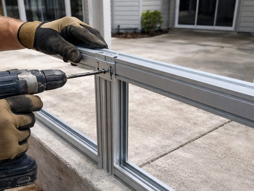 Worker’s hands installing top and bottom rails aligned between upright posts for a patio screening frame
