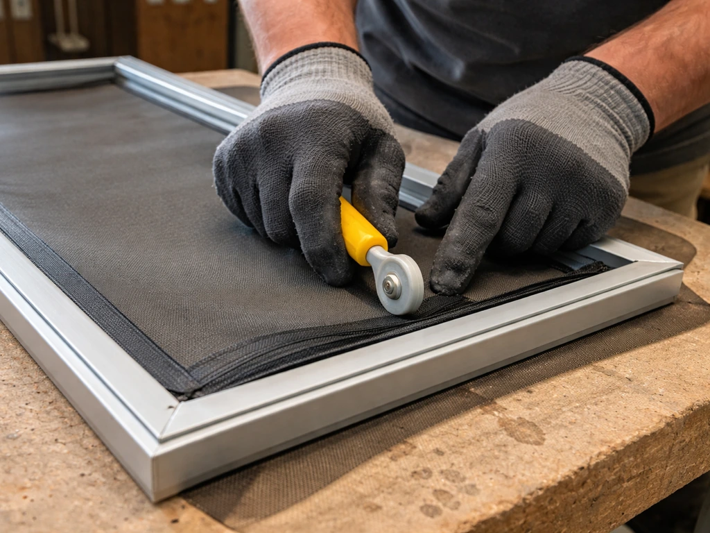 Gloved hands press screen mesh spline into a frame with a roller; trimmed edges neatly folded back.