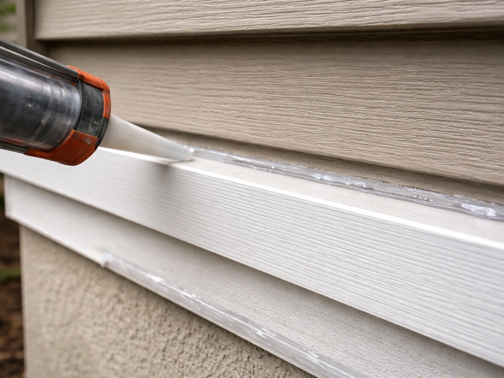 Caulk gun applying sealant along roof-wall and slab-line joints to block drafts and bugs.