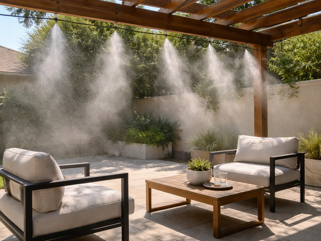 Sunlit patio with overhead mist lines spraying a light cooling mist over outdoor seating