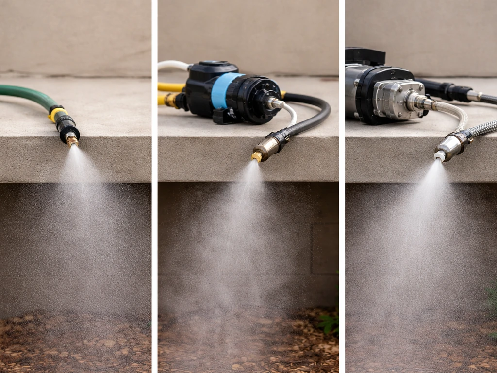 Side-by-side DIY misting setups showing low-, mid-, and high-pressure nozzle differences and mist intensity.