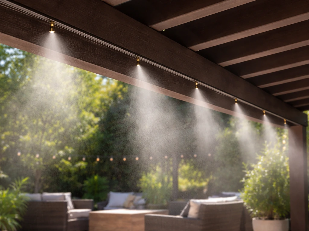 Overhead mister line mounted at about 10–12 ft, with evenly spaced nozzles across an open patio area.