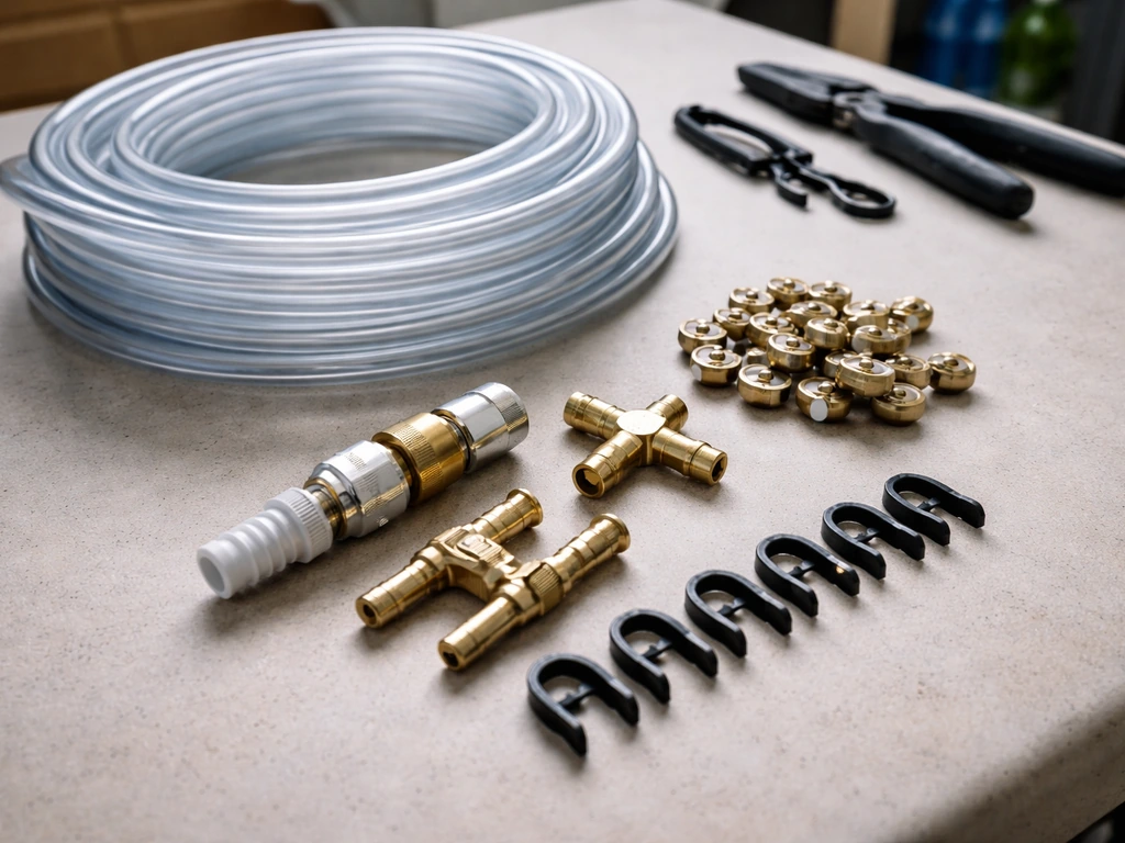 Neatly arranged DIY patio misting parts—tubing, nozzles, fittings, and clips—on a clean work surface