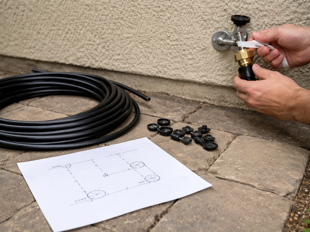 Hands threading a backflow preventer onto a hose bib next to a sketched tubing layout on paper.