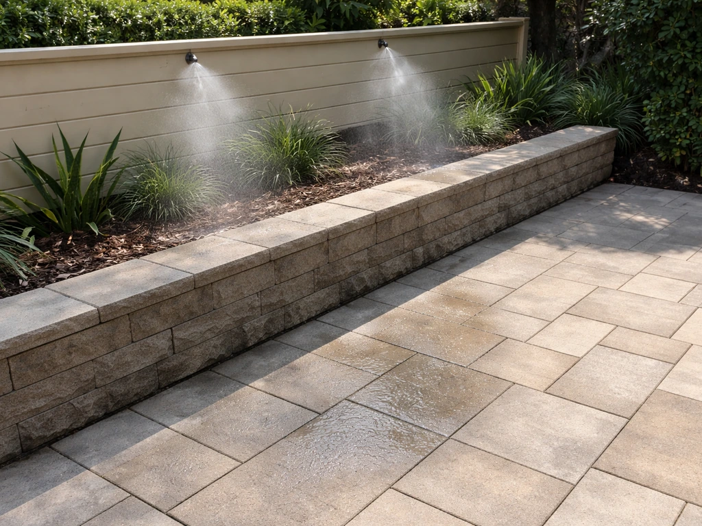 Patio misting nozzles with mist drifting away from a dry walkway, preventing pooling and wet hotspots.