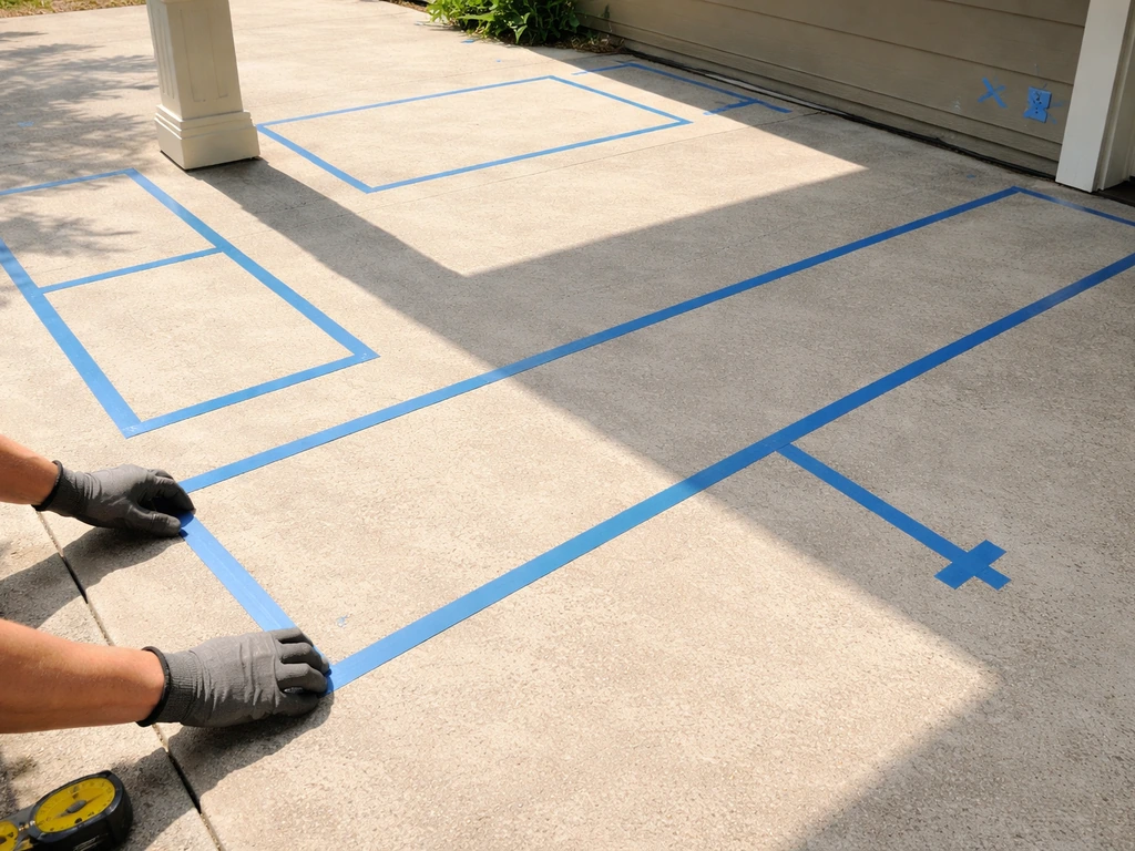 Tape-measured patio layout on concrete with furniture footprints, 36-inch walkway gap, and marked outlets.