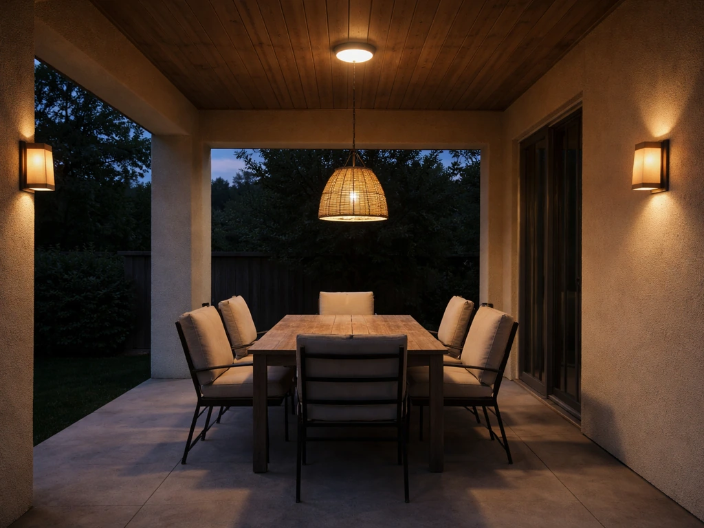 Warm flush ceiling light, pendant over dining table, and wall sconces create layered evening ambiance on a covered patio