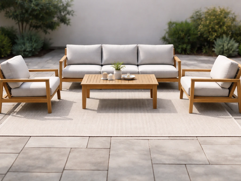 Outdoor seating area with a centered rug under the sofa and chairs, showing correct leg placement.