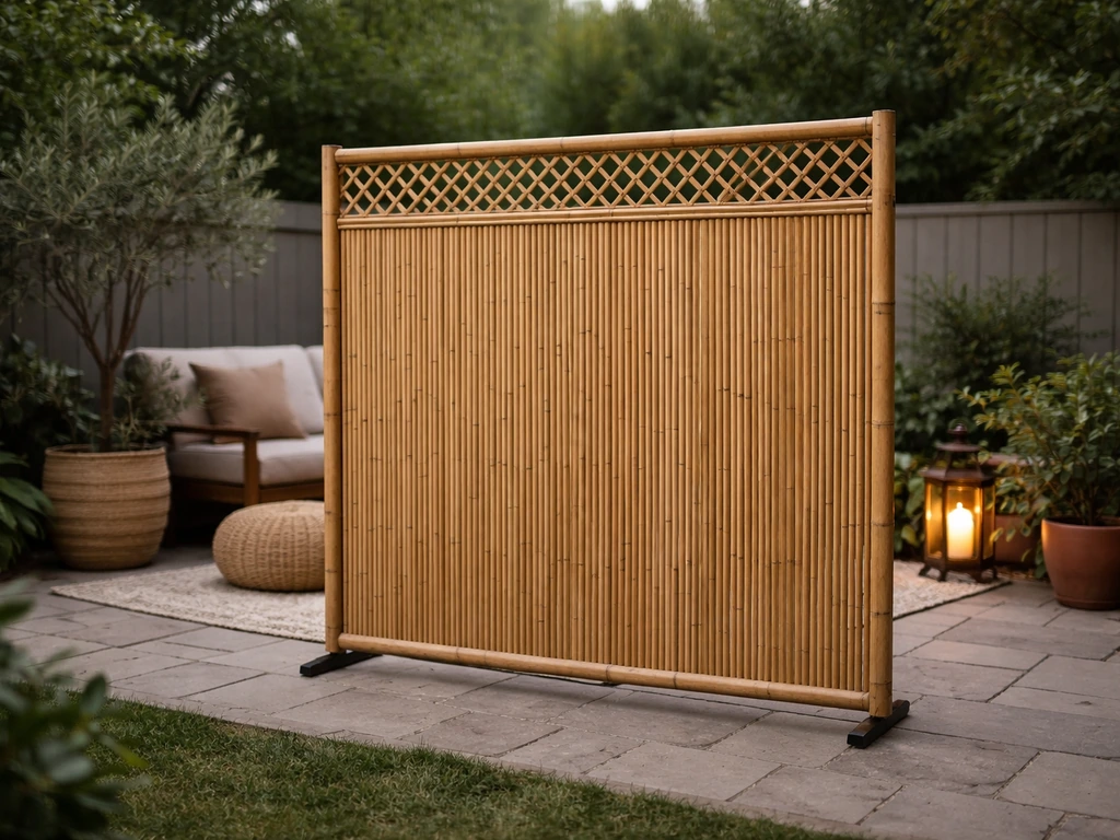 Freestanding bamboo privacy screen defining a cozy, secluded patio boundary with plants and outdoor seating.