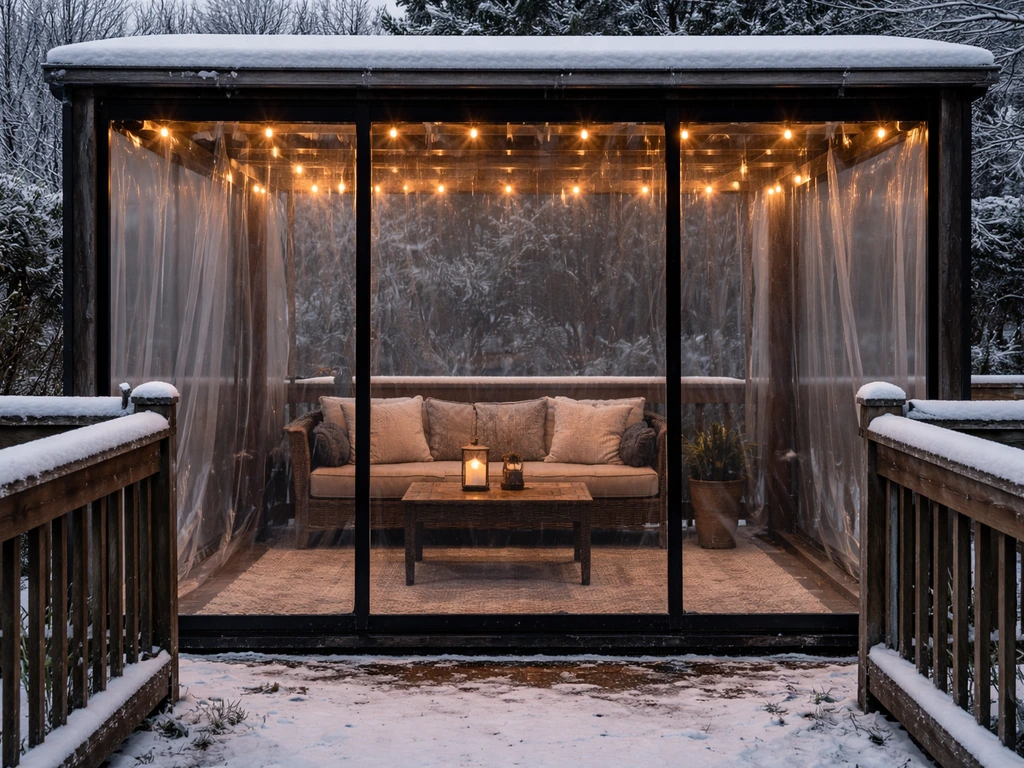 Winterized enclosed patio with clear plastic curtains and panels protecting outdoor seating.