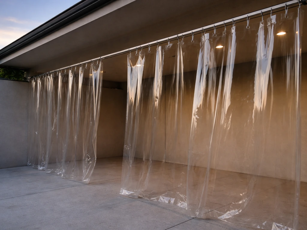 Clear vinyl patio curtain panels hung on a track along a patio edge, filtering wind while staying transparent