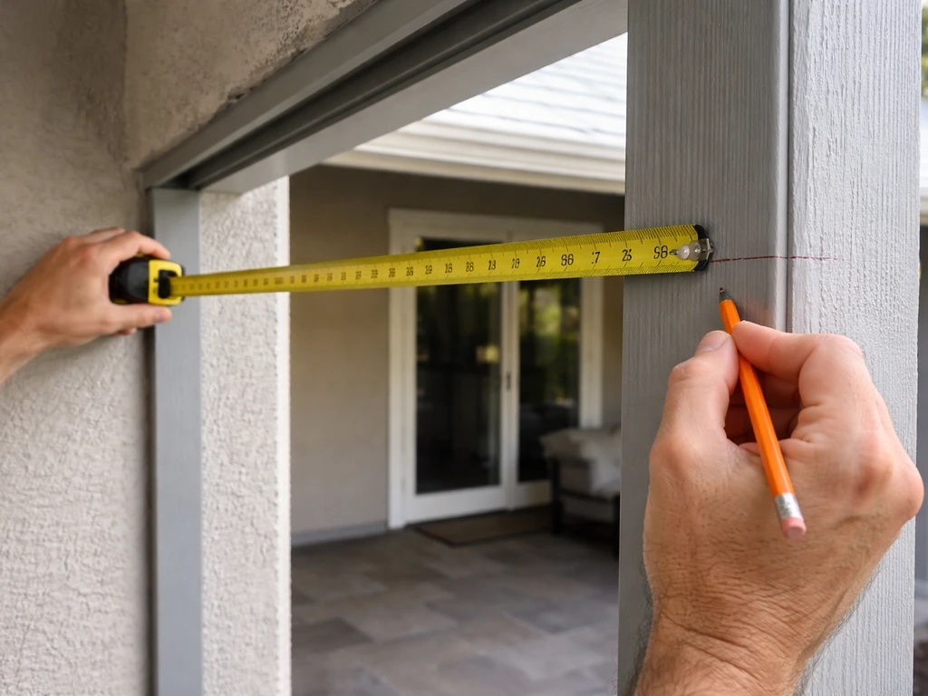 Hands measure a patio opening with a tape measure and mark wall/post heights for winter enclosure panels