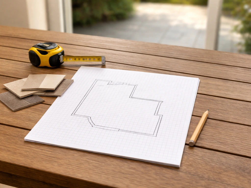 Top-down photo of patio layout sketch on paper with tape measure and pencil near open patio doorway