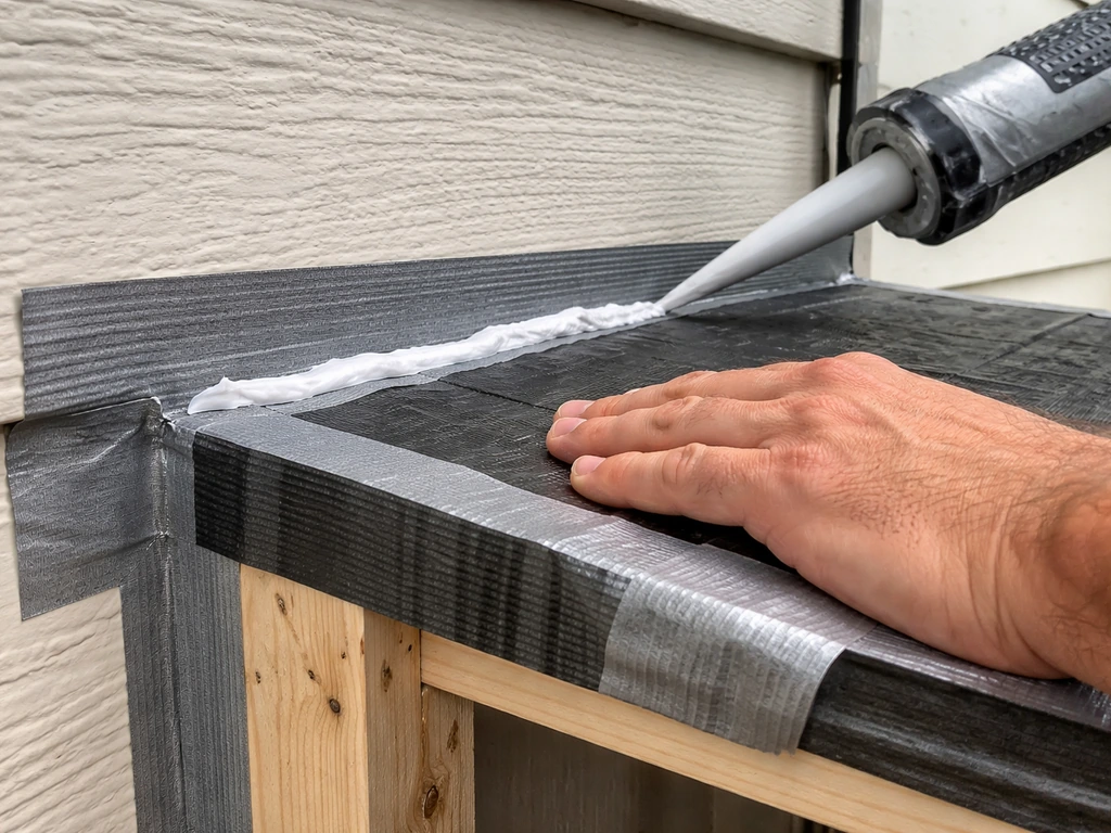 Hands applying flashing tape and sealant along the top frame seam where the enclosure meets the house wall.