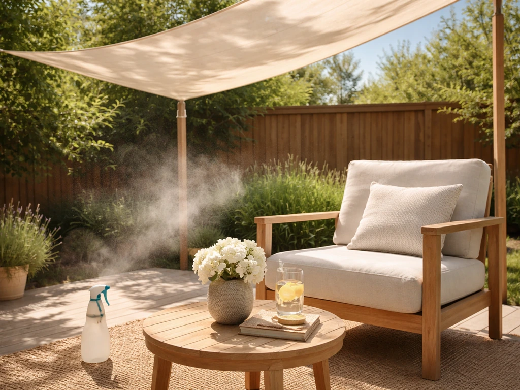 Sunlit patio with a DIY shade sail overhead and gentle mist near outdoor seating for cooling.