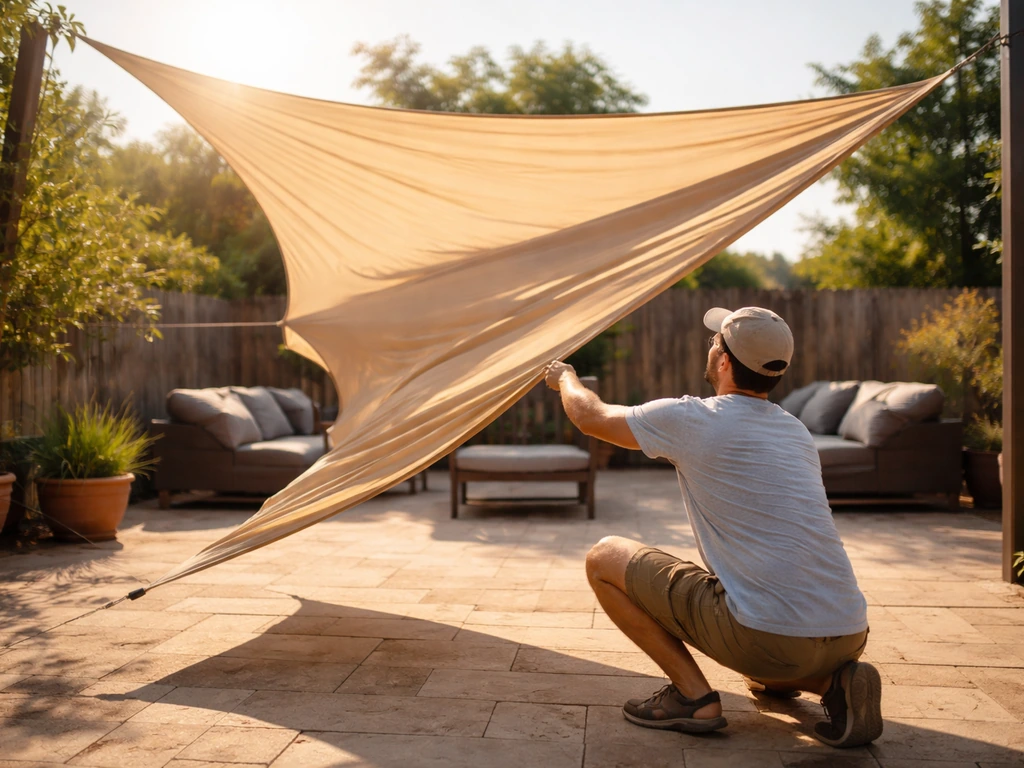 Homeowner kneeling to deploy a shade sail over a hot outdoor patio for quick relief.