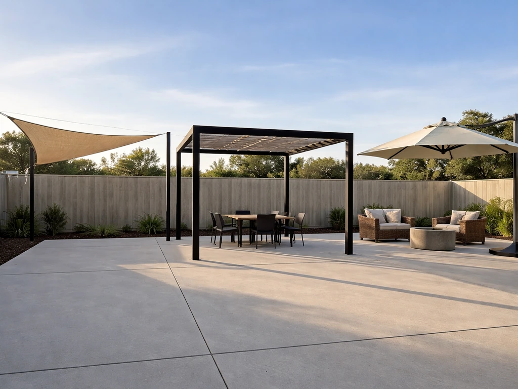 Open patio with three shade options: tensioned shade sail, shade-cloth pergola, and cantilever umbrella.