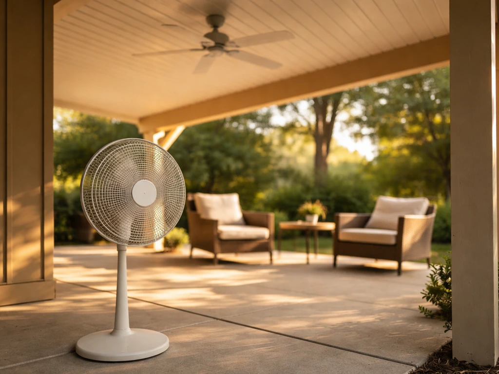 Outdoor covered patio with a wet-rated ceiling fan overhead and a pedestal fan angled from the shaded side.
