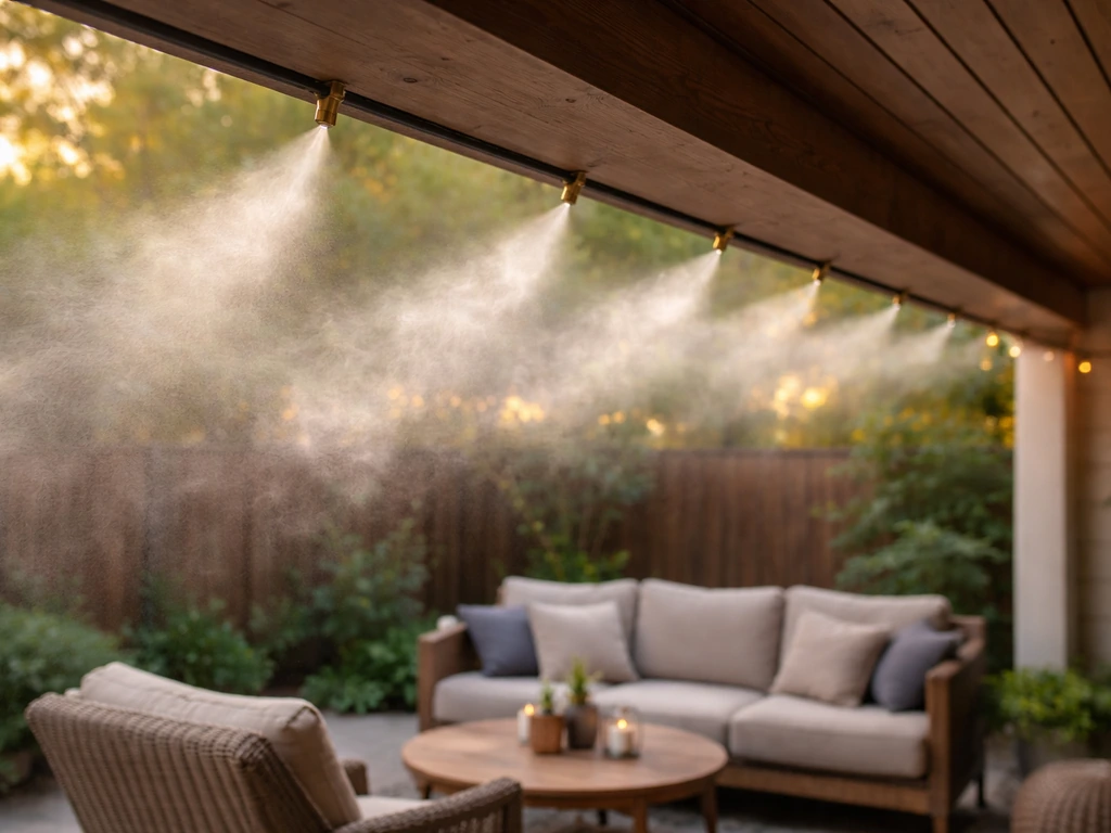 Fine mist from a perimeter patio misting system billows above outdoor seating.