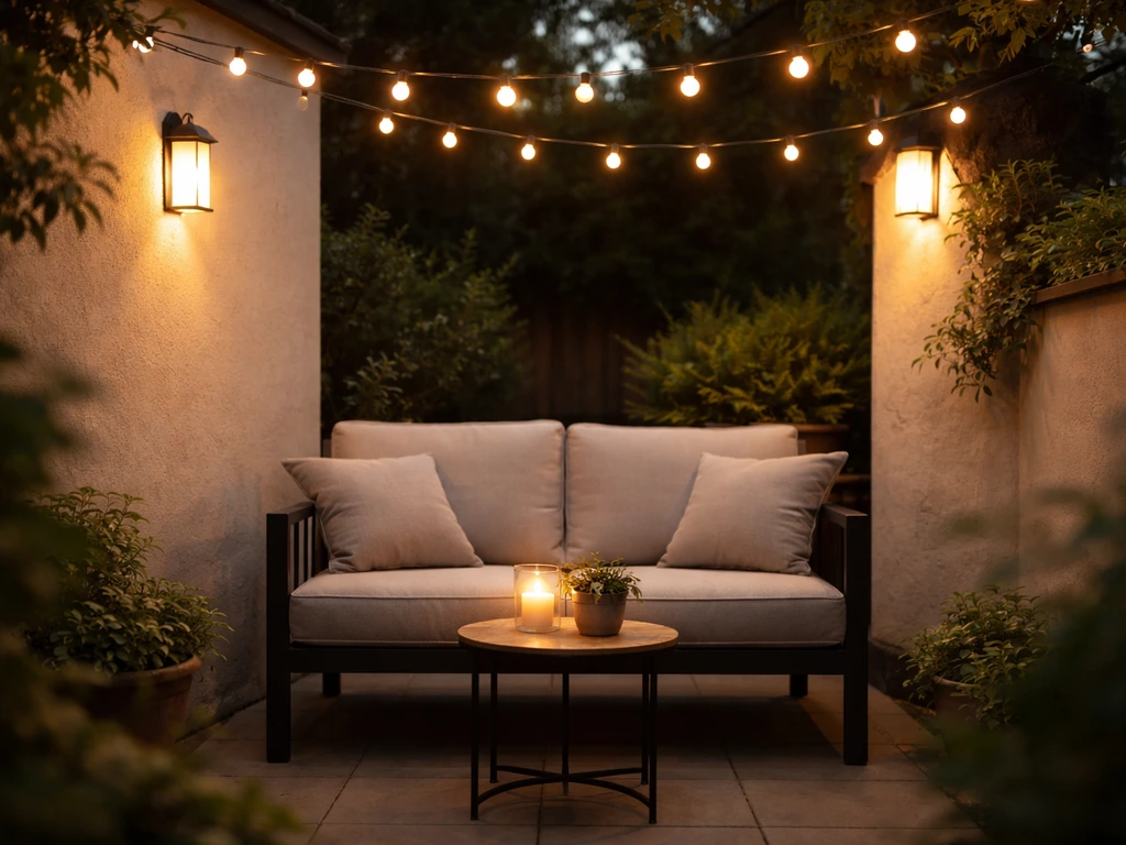 Evening patio with warm wall lights and string lanterns glowing around a simple outdoor seating area