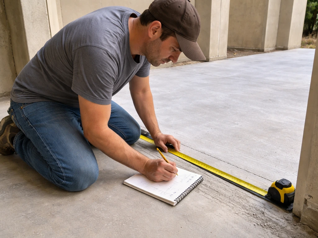 DIY homeowner measures a patio opening with a tape measure and writes notes on a notepad.
