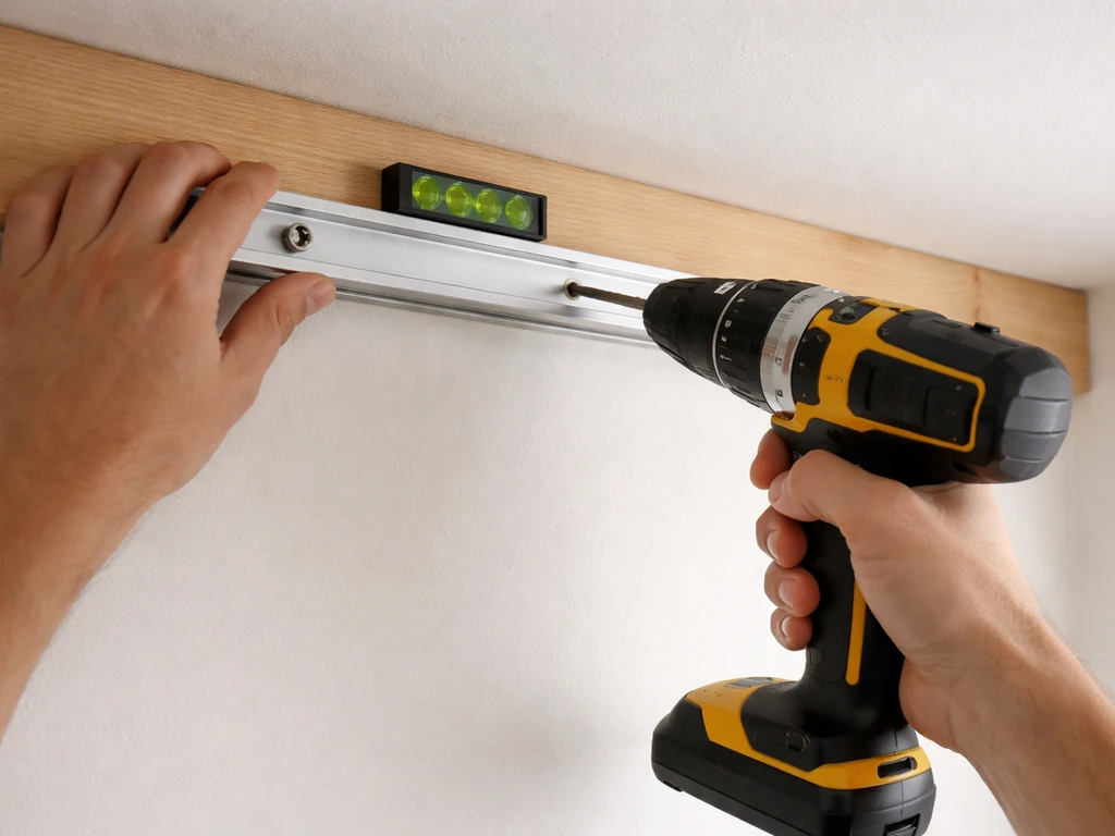 Hands drilling a curtain track onto a ceiling beam using a small level for alignment.