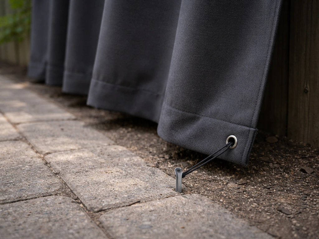 Curtain panels weighted at the hem with a small ground anchor, outdoors in breezy natural light.