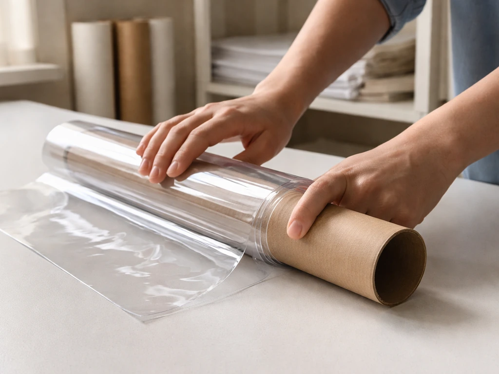 Hands roll clear vinyl panels neatly onto a storage tube on a clean, dry worktable.