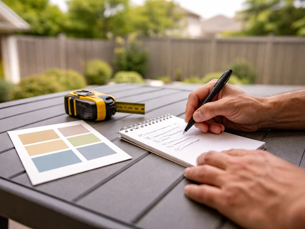 Homeowner planning patio fence goals with a handwritten checklist beside a measuring tape