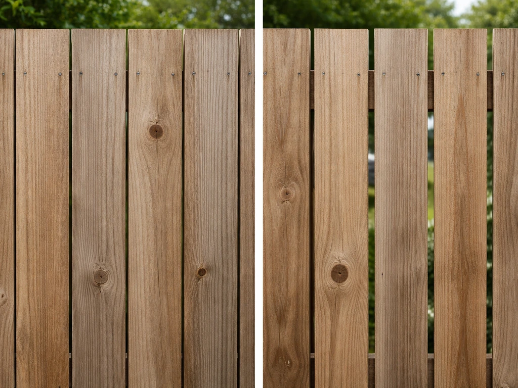Close-up of solid fence boards vs semi-privacy boards with small gaps and shadow lines through the wood.