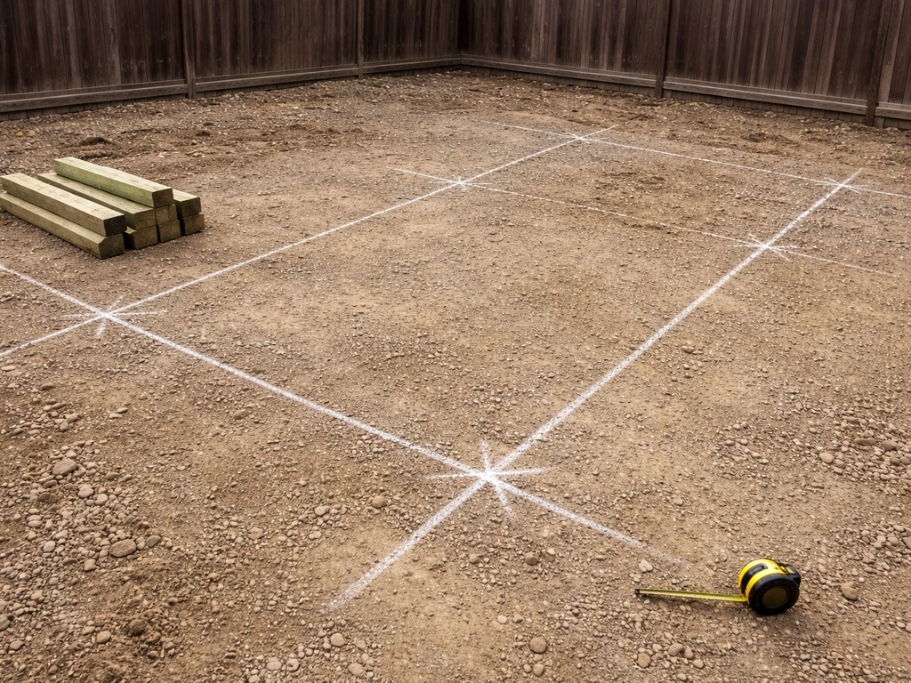 Ground with marked fence post positions and straight rail layout lines, posts staged nearby, no people.