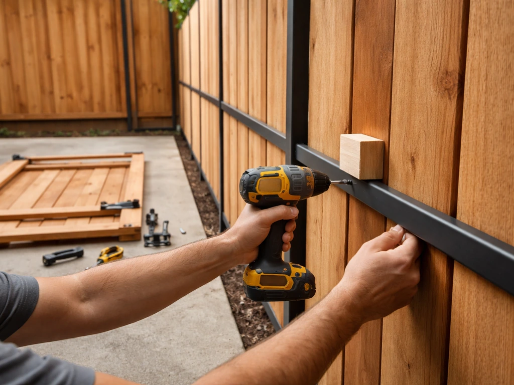 Hands attaching fence boards to rails on a patio, with gate hardware nearby, aligned for installation.