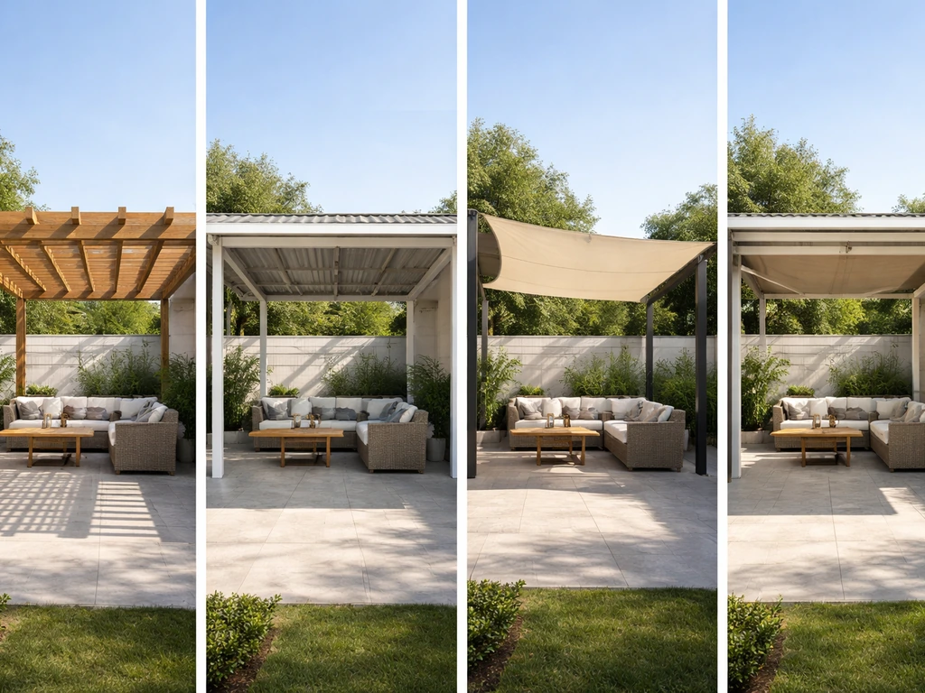 Four adjacent patio cover styles—pergola slats, solid corrugated roof, shade sail, and retractable awning—under natural