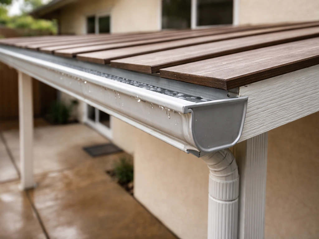 Close-up of a patio cover roof edge with gutter and downspout showing water drainage flow direction.