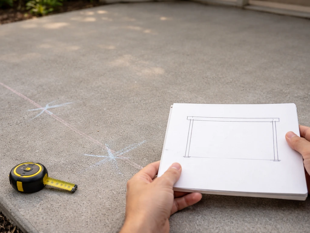 Hands on a patio slab with chalk marks and a simple overhead post placement plan on paper/tablet.